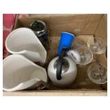 Coffee press, teapot, glasses, paper towel?