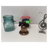 Ball jar, Liberty Bell, & pewter music staff