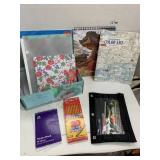 Coloring book, folders, pencils, misc