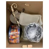 Containers with lids, metal stands, small tote,