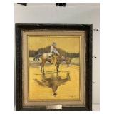 Signed Cowboy on Horse Painting, Refreshing Pause