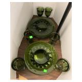 Green Glass Dishes, 6 Goblets and 7 Plates