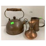 3 Copper Metal Items, tea Kettle, Mug, Revere