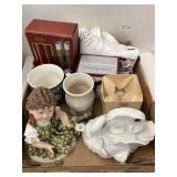 Flat of mugs, figure, tea pot, candles, & shirt