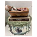 Hat box, Longaberger basket, doll, & plate