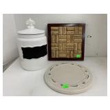 Canister, Longaberger Tray, & Cork Trivet