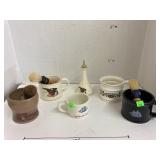 Vntg Barber mugs, brushes, soap, & tonic bottle