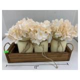 3 Jars of Faux Flowers in Wooden Box Decoration