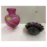 Glass cranberry optic swirl vase & Imperial Glass