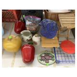 Apple items, wooden benches, & hat