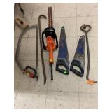 Saws, Crow bar, Electric Hedge Trimmer, Hay Hook