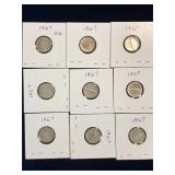 Nine 1967 Canadian Silver 10 cent pieces