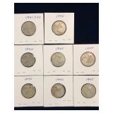 eight 1940 Can Silver 25 cent pieces