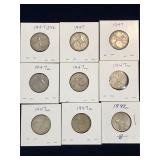 nine 1947 & 47ml Can Silver 25 cent pieces