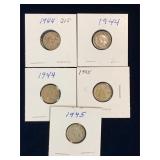 five 1944, 1945 Canadian Silver 10 cent pieces