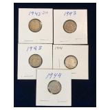 five 1943, 1944 Canadian Silver 10 cent pieces