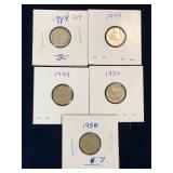 five 1949, 50 Canadian Silver 10 cent pieces