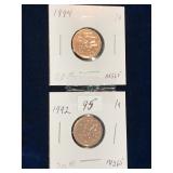 1992, 1994 Can Pennies, Red Unc. MS65