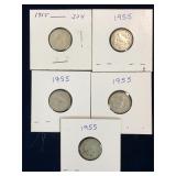 five 1955 Canadian Silver 10 cent pieces