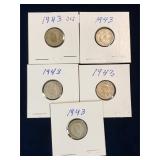 five 1943 Canadian Silver 10 cent pieces