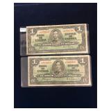 two 1937  Canadian $1 Bank Notes