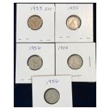 five 1955, 56 Canadian Silver 10 cent pieces