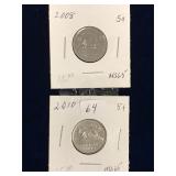 2008, 2010 Can Nickels Uncirculated MS65