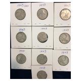 ten 1943 Can Silver 25 cent pieces