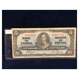1937  Canadian $5 Bank Note