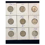 nine 1940 to 43 Can Silver 25 cent pieces