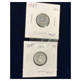 1987, 1988 Can Dimes   Unc. MS65