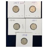 five 1957, 58 Canadian Silver 10 cent pieces