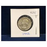 1942 USA Washington Washington Silver 25 cent pce