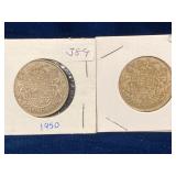 two 1950 Canadian Silver 50 cent pieces