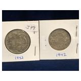 two 1942 Canadian Silver 50 cent pieces