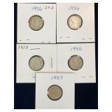 five 1956, 57 Canadian Silver 10 cent pieces