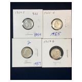 1954S,55D,57, 57D USA Silver Roosevelt 10 cent pcs