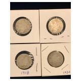 1906, 10, 18, 20 Canadian Silver 25 cent pieces