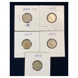 five 1953 Canadian Silver 10 cent pieces