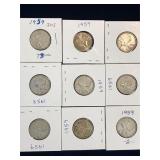 nine 1959 Can Silver 25 cent pieces
