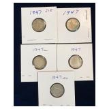 five 1947, 47ml Canadian Silver 10 cent pieces