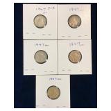 five 1947ml Canadian Silver 10 cent pieces