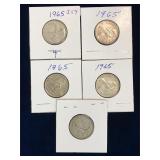 five 1965 Can Silver 25 cent pieces