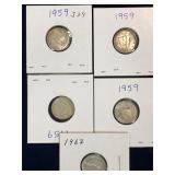 five 1959, 67 Canadian Silver 10 cent pieces