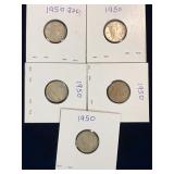 five 1950 Canadian Silver 10 cent pieces
