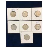seven 1951 Can Silver 25 cent pieces