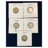 five 1951, 52 Canadian Silver 10 cent pieces