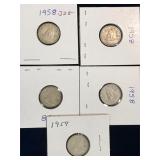 five 1958, 59 Canadian Silver 10 cent pieces