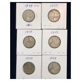 six 1949 Can Silver 25 cent pieces