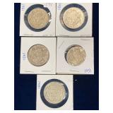 five 1951 Canadian Silver 50 cent pieces